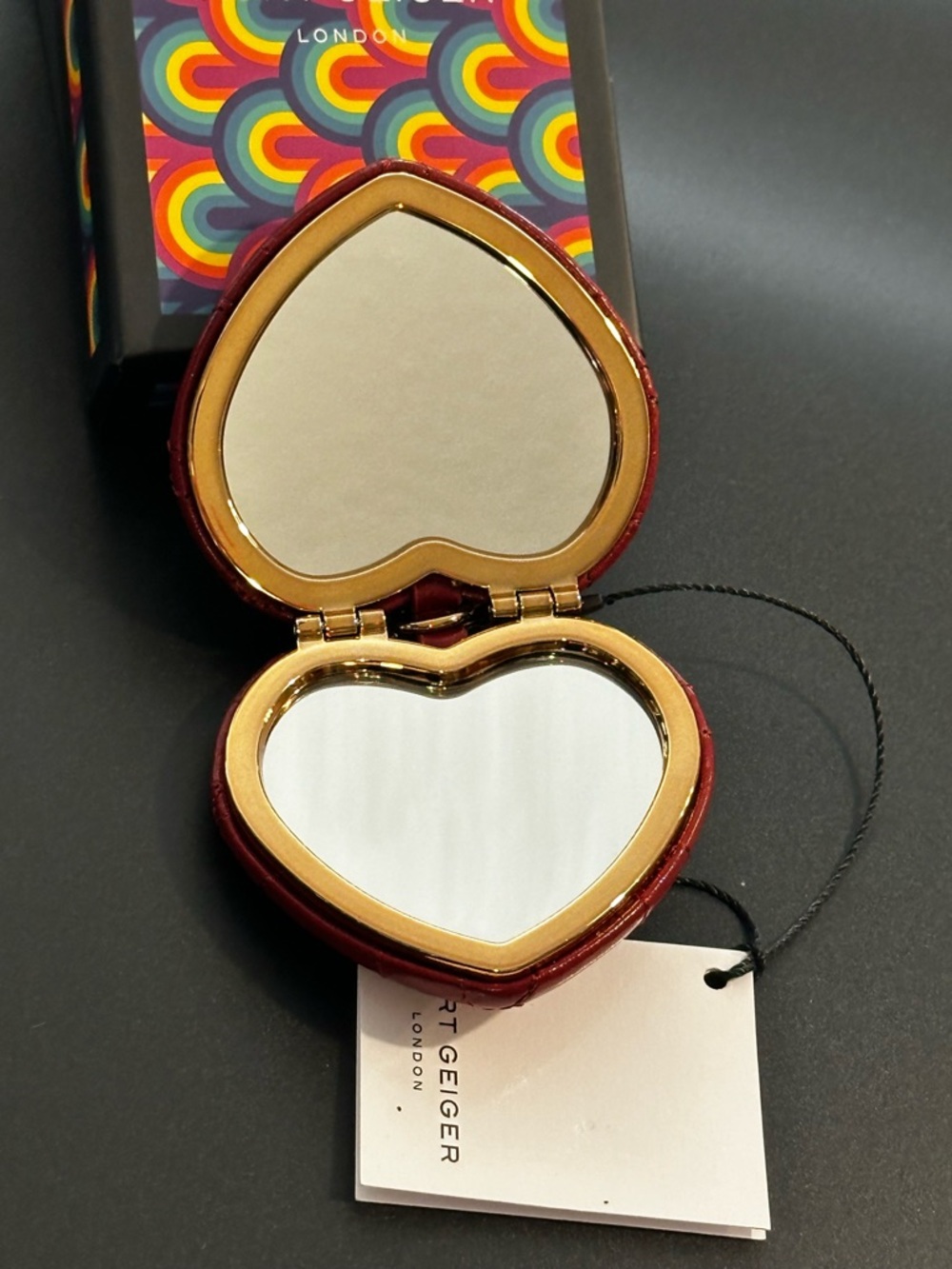 Kurt Geiger Red Quilted Heart Double Sided Keyring Mirror with Gold Hardware - Picture 4 of 9